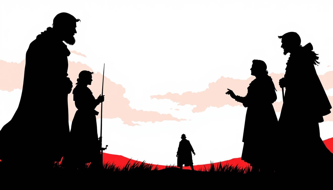 An abstract, minimalist illustration using bold black shapes and contrasting red and white colors to conceptually represent the dramatic characters and scenes of a Shakespeare play performed outdoors under the Big Sky.