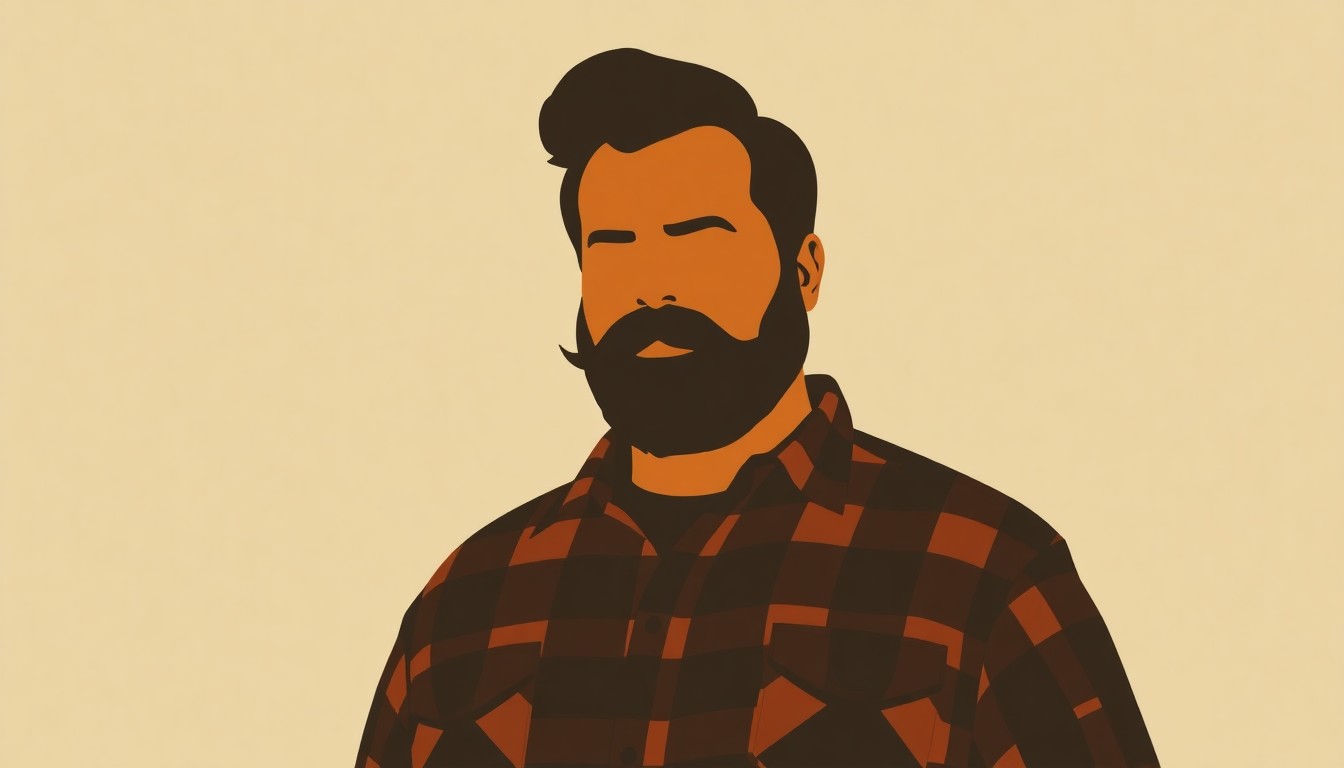 A minimalist, abstract illustration featuring a bold silhouette of a man with a mustache and flannel shirt, representing the iconic character of Ron Swanson from Parks and Recreation. The silhouette is composed of stark, jagged geometric shapes in a high-contrast palette of dark brown, forest green, and burnt orange.
