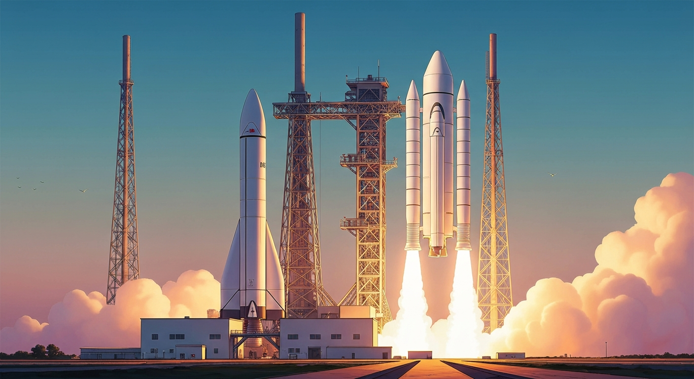 A highly stylized, geometric illustration depicting the towering, sleek form of the Artemis II rocket against a backdrop of smooth, airbrushed gradients in shades of blue, orange, and white, capturing the grand scale and technical elegance of the space launch event.