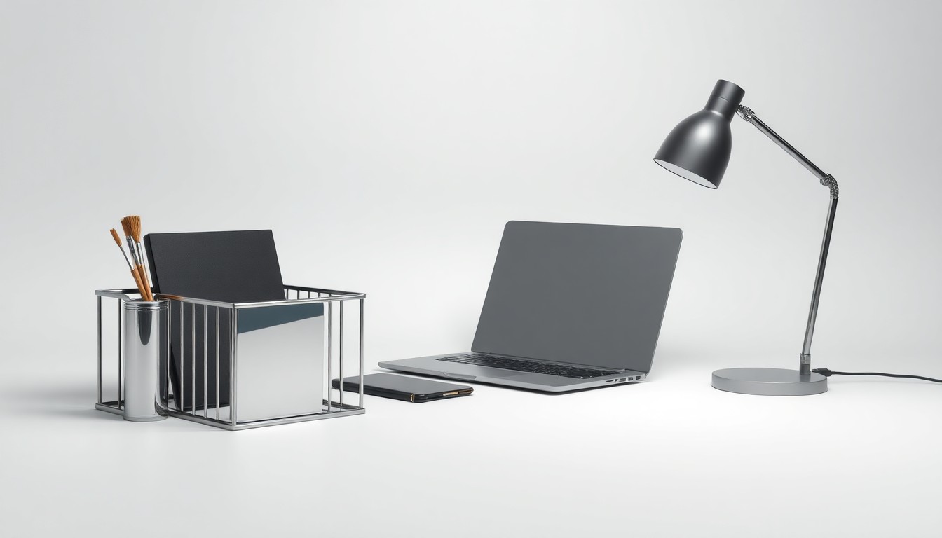 A high-end, photorealistic studio still-life photograph featuring a polished metal desk organizer, a sleek laptop, and a minimalist desk lamp arranged elegantly on a clean, monochromatic background, conceptually representing the abstract concepts of corporate strategy, finance, and risk management.