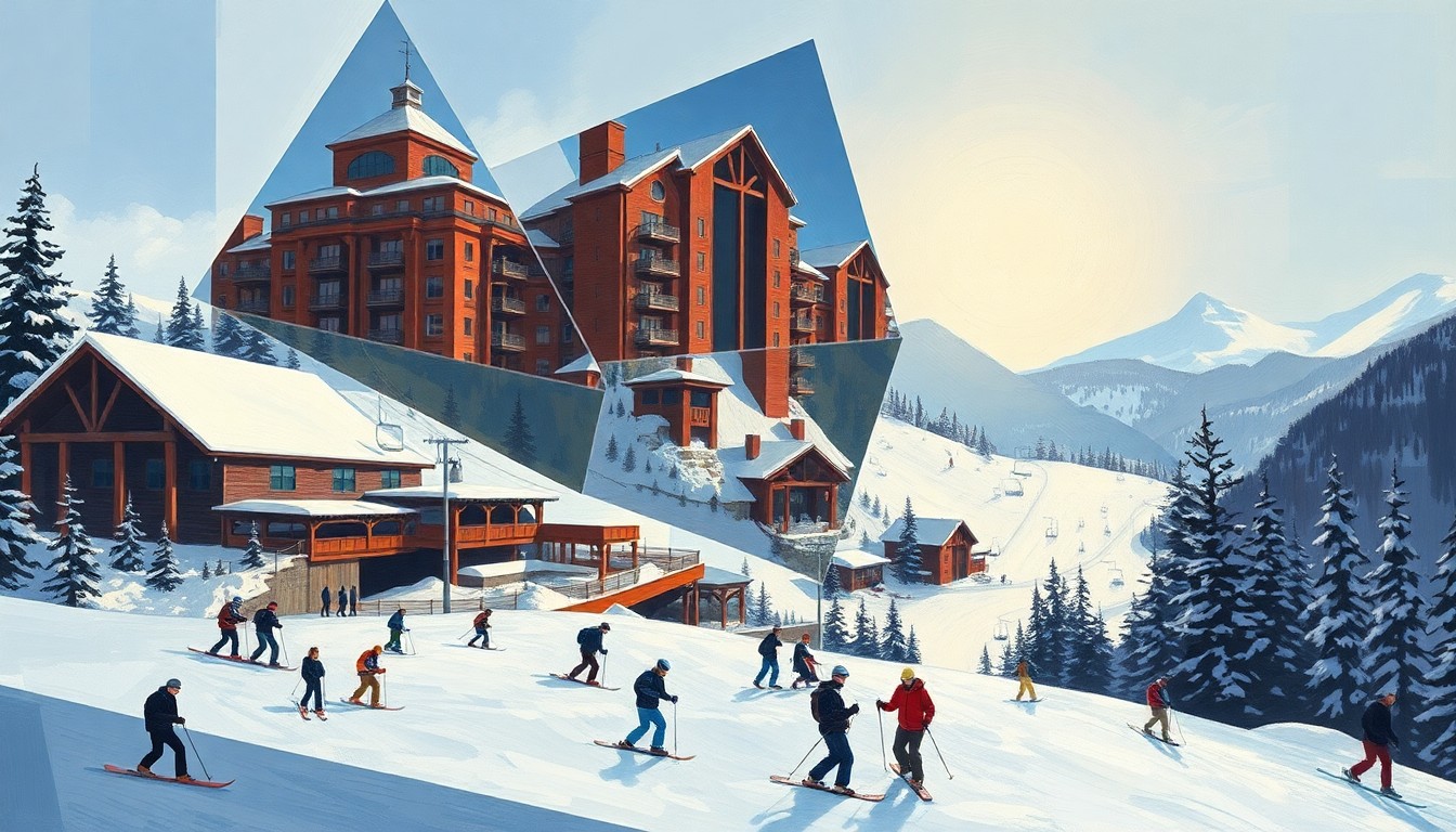 A cubist, geometric painting depicting a deconstructed Colorado ski resort scene, with skiers and snowboarders on the slopes amid abstract shapes and planes representing the resort's infrastructure.