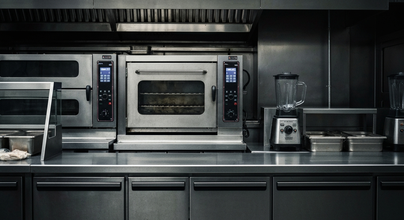 A close-up, cinematic view of Chipotle's industrial food preparation equipment, such as commercial ovens and stainless steel countertops, conveying the heavy, textured, and mechanical nature of the restaurant chain's operations.