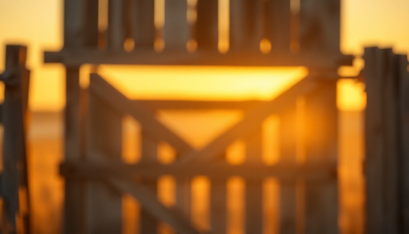 An abstract, out-of-focus photograph of an old ranch gate in the warm glow of sunset, the wooden planks and metal hinges blurred into soft shapes and colors, conveying a sense of nostalgia and tranquility.