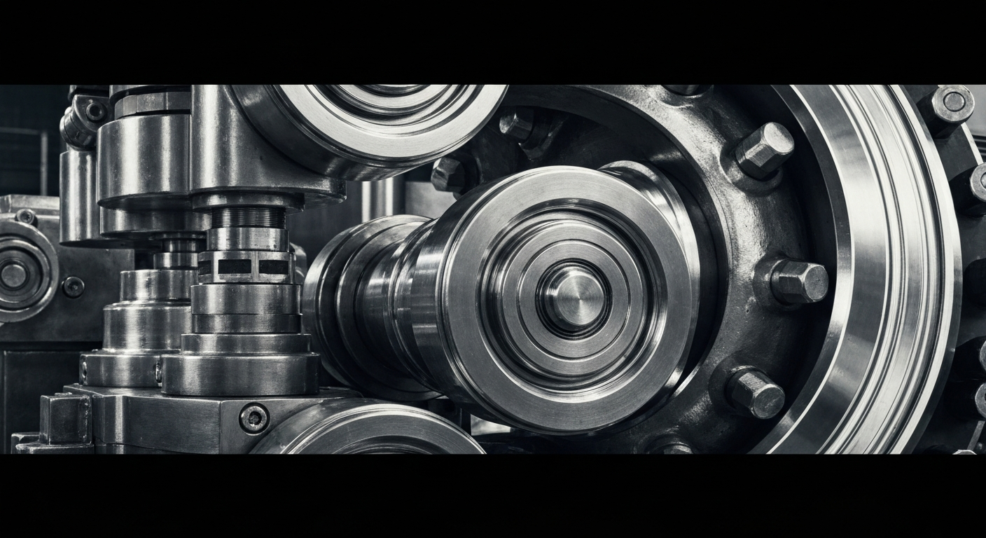 An extreme close-up of gleaming, intricate industrial machinery parts and components, conveying the strength and precision of AZZ's manufacturing capabilities.