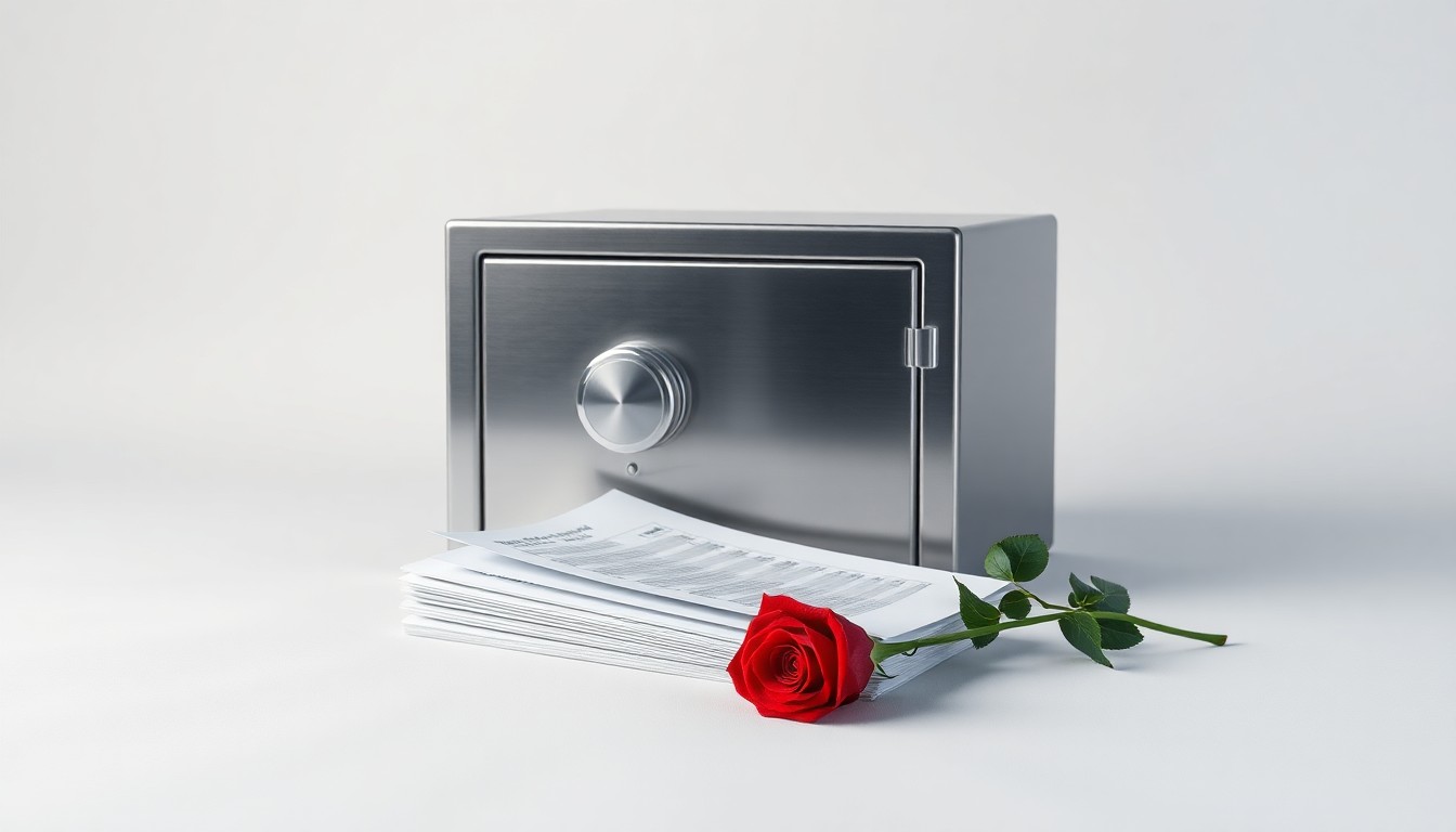 A photorealistic studio photograph featuring a polished metal safe, a stack of financial documents, and a single red rose arranged elegantly on a clean, monochromatic background, conceptually representing the abstract corporate strategy and finance behind institutional investment decisions.