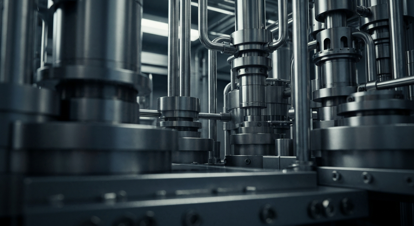 An extreme close-up of intricate pharmaceutical production equipment, conveying a sense of the industrial might and technological sophistication behind Eli Lilly's drug development.