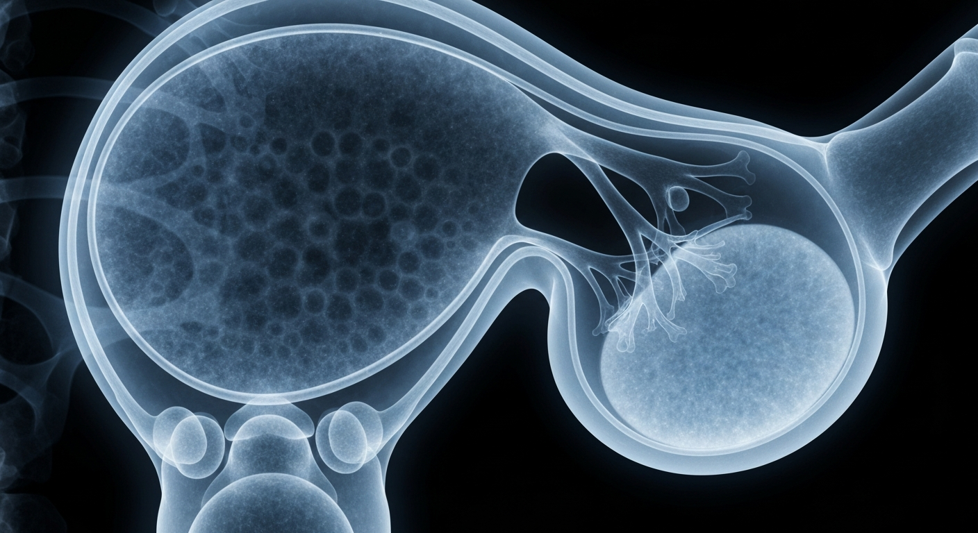 A ghostly, translucent X-ray-style image revealing the delicate internal structures of a human ovary or uterus, conceptually representing the targeted delivery of a cancer treatment to these vital reproductive organs.