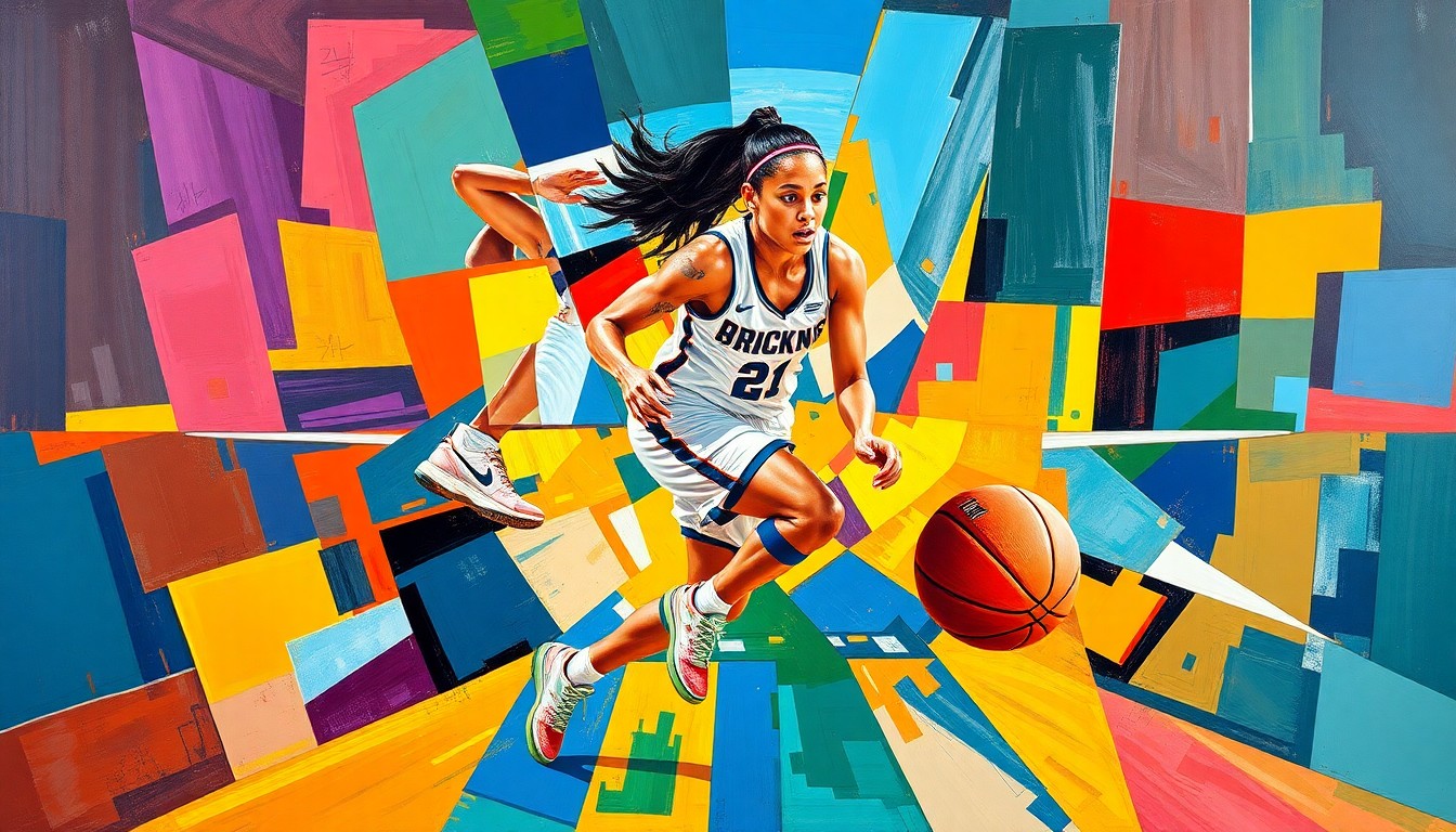 A fractured, geometric painting in vibrant colors, depicting the basketball career of Bridget Pettis through overlapping planes and dynamic shapes, conceptually representing her all-around talent and impact on the sport.