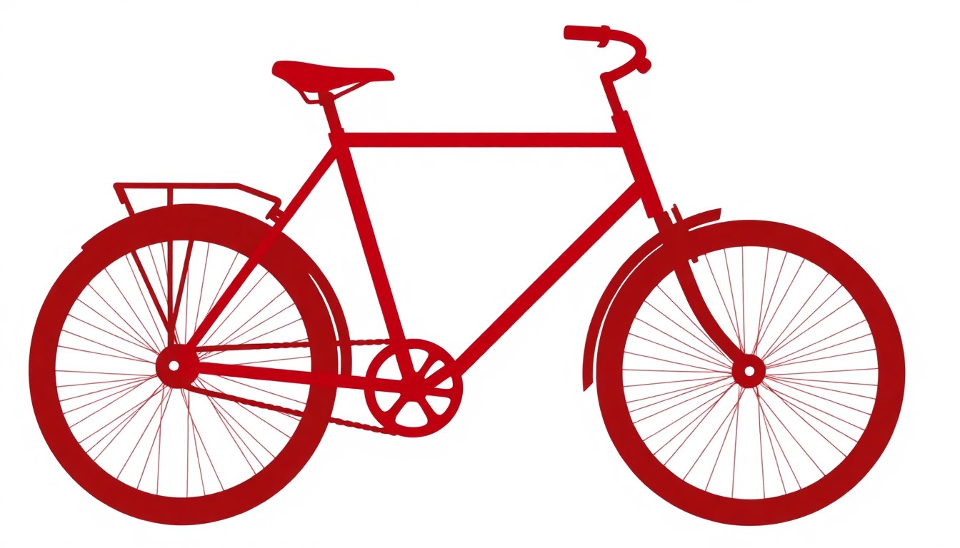A striking abstract composition of red, white, and black geometric shapes, representing the silhouette of a classic Schwinn bicycle in a minimalist, cut-out poster style.