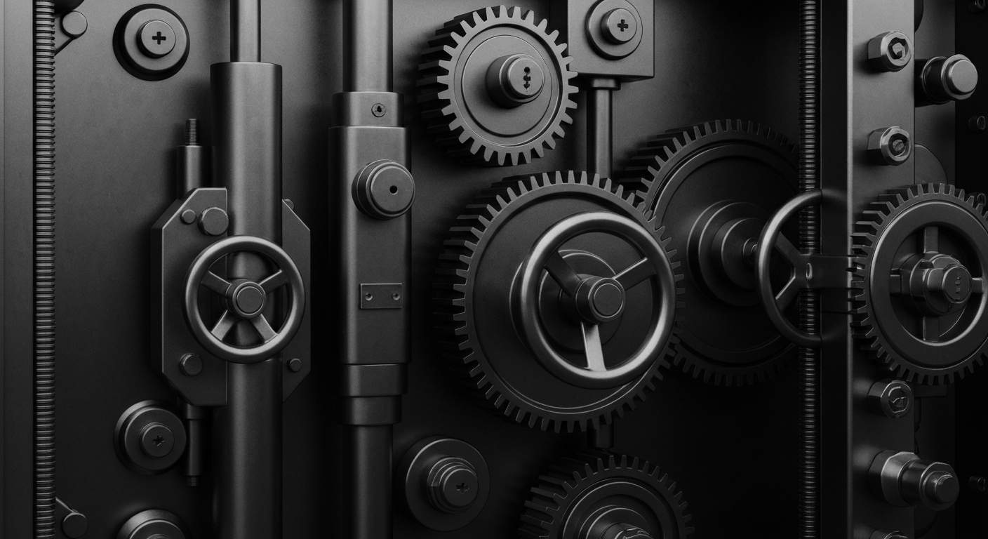 An extreme close-up of the intricate mechanical components of a bank vault, representing the secure and reliable infrastructure that underpins Univest Corporation's financial services.