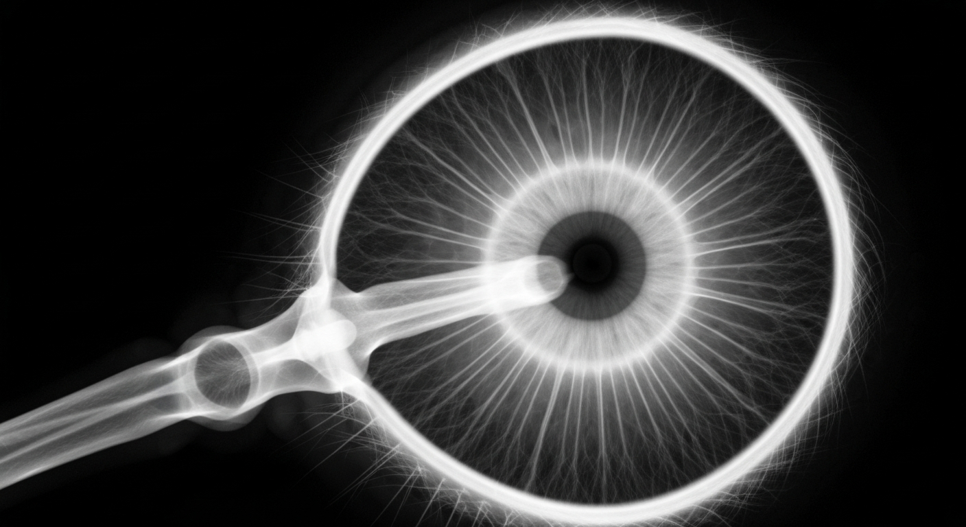 A highly detailed, translucent X-ray image of an eye, with the internal structures and components visible as glowing lines against a dark background, conceptually representing the company's focus on advancing eye care solutions.