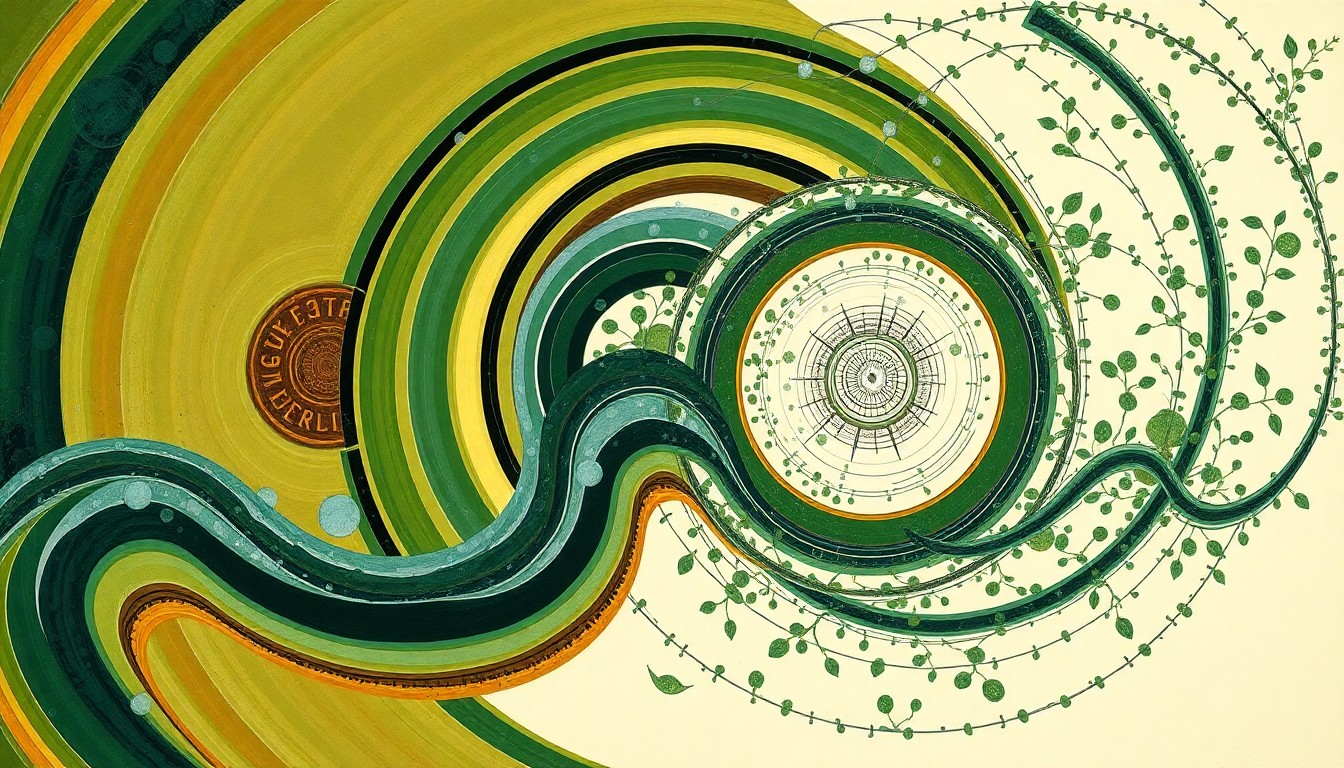 A highly structured abstract painting in earthy tones, featuring sweeping geometric arcs, concentric circles, and precise botanical spirals, conceptually representing the complex interplay of natural and human factors shaping local water resources.