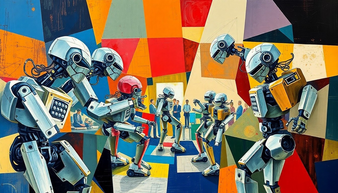 A fractured, geometric painting in the style of Pablo Picasso, depicting a robotics competition with sharp, overlapping planes of color and form representing the various components and movements of the robots.