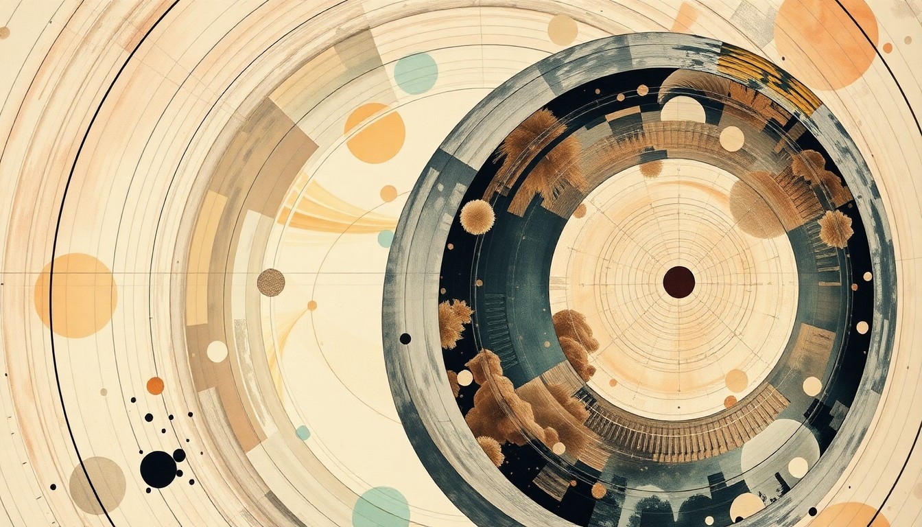 A highly structured abstract painting in muted tones, featuring sweeping geometric arcs, concentric circles, and precise botanical spirals, conceptually representing the efficient data processing capabilities of quantum systems.