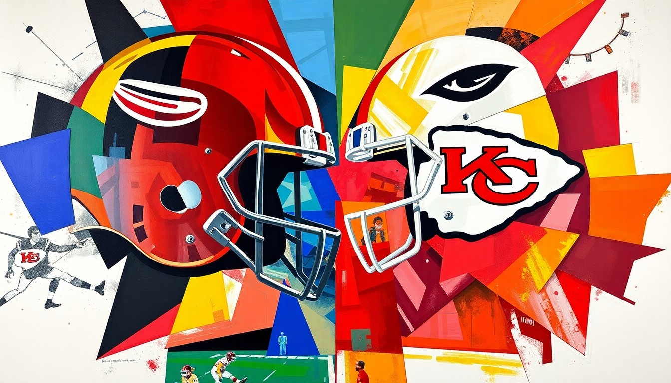 A cubist, geometric painting depicting a fragmented, multi-angled view of a football game or competition, using vibrant colors to represent the teams involved. The abstract, deconstructed style captures the raw energy and dynamics of the sport.