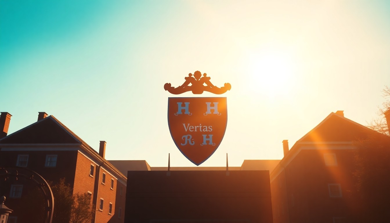 A cinematic painting of the iconic Harvard University coat of arms, featuring the Latin word 'Veritas' (meaning 'truth'), bathed in warm, diagonal sunlight and deep shadows, conceptually representing the tensions surrounding the university's diversity initiatives.