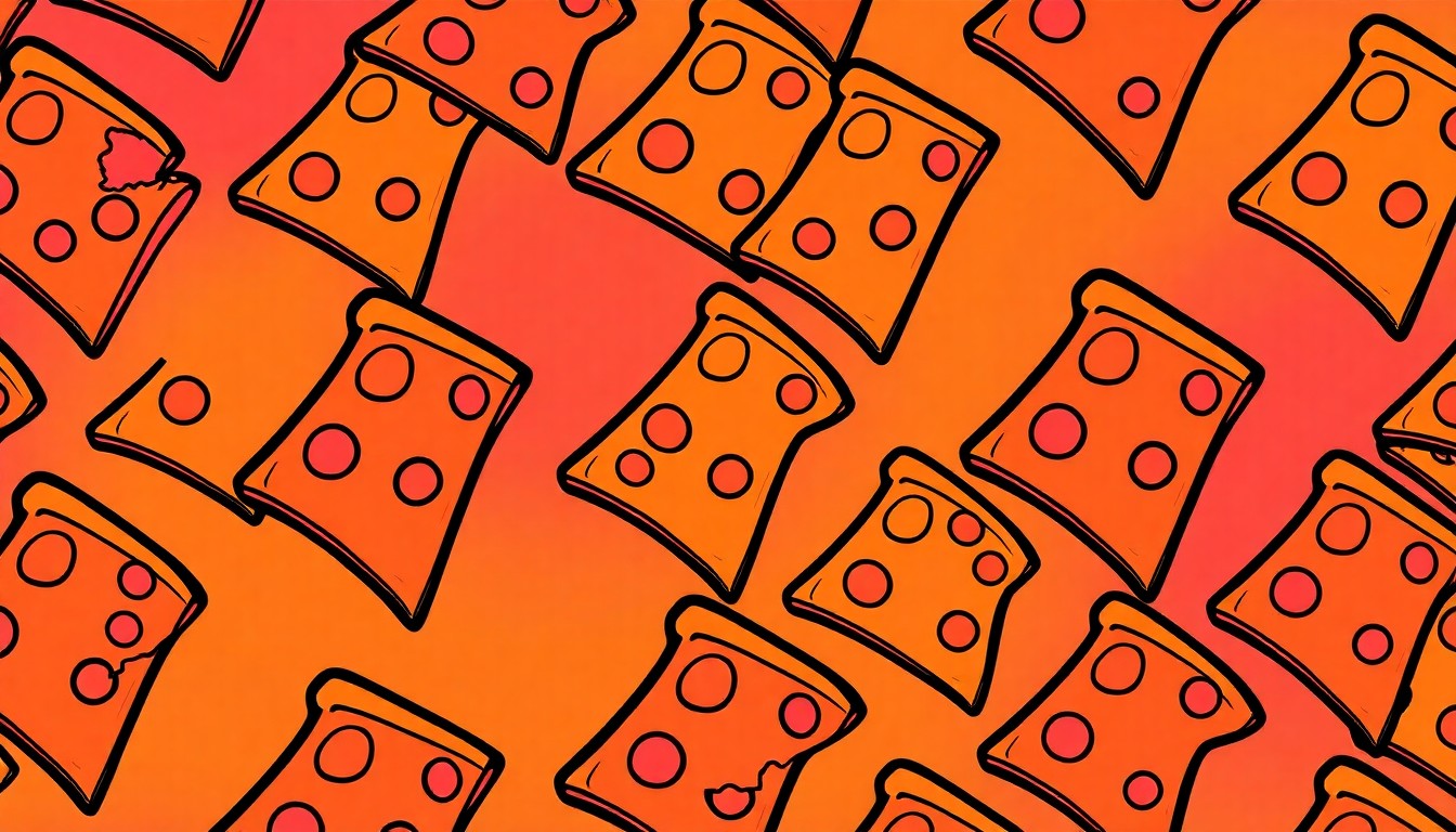 A bold, colorful silkscreen print featuring a single slice of Detroit-style pizza repeated in a grid pattern, capturing the iconic nature of this specialty food item.