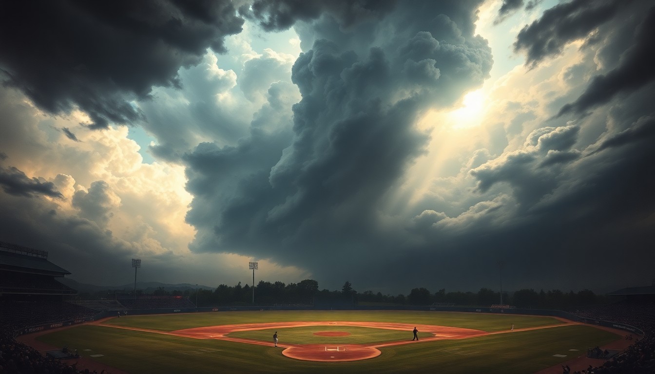 A vast, atmospheric landscape painting in muted tones of gray, blue, and gold, depicting an expansive stormy sky looming over a small baseball diamond in the distance, conveying the overwhelming scale and power of the natural world.