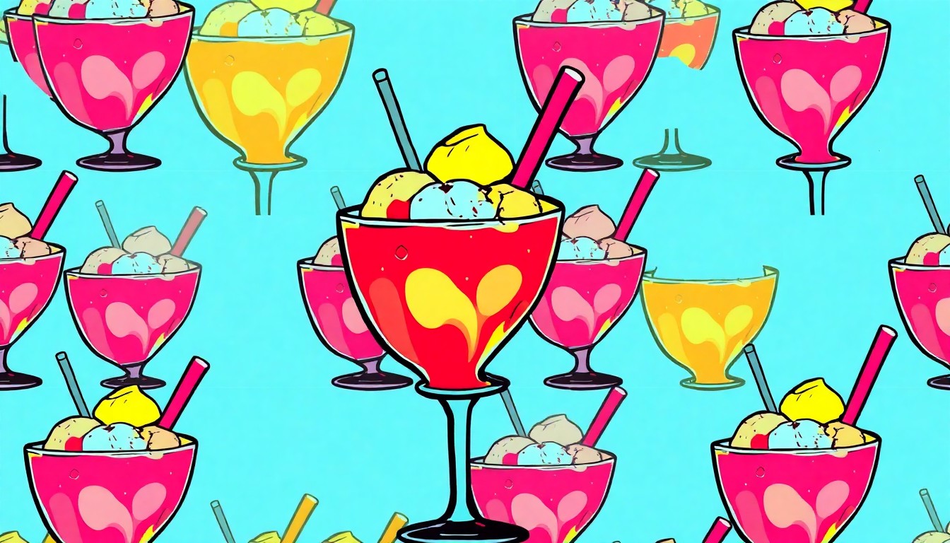 A vibrant, high-contrast silkscreen print of a vintage ice cream sundae glass repeated in a tight grid pattern, utilizing bold neon colors and heavy black outlines to capture the playful, retro spirit of the 1920s-themed ice cream shop.