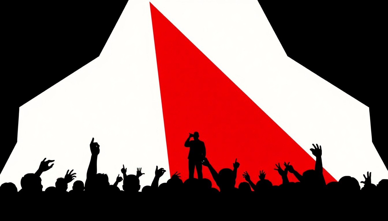 A striking black and white illustration featuring sharp, jagged geometric shapes in a bold, minimalist style, conveying the tension and impact of a racial slur being shouted during a live event.