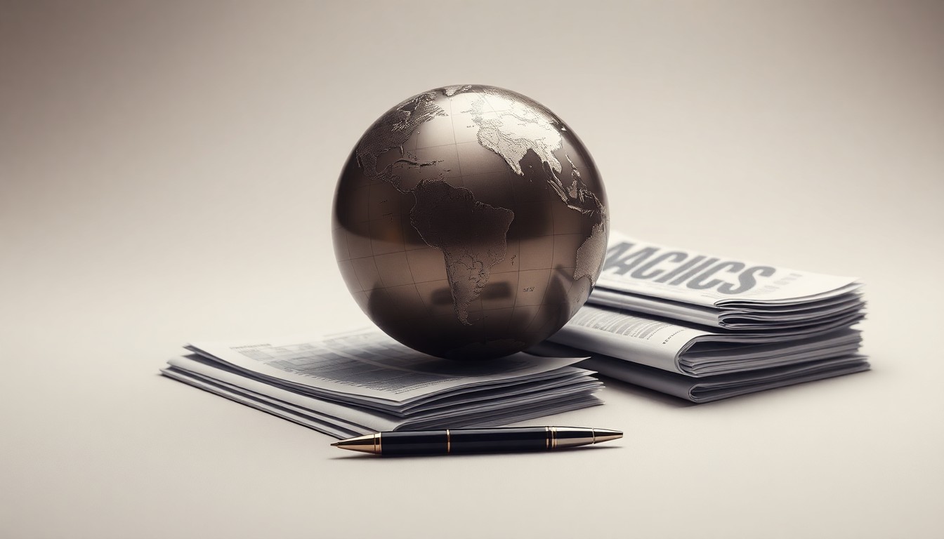 A photorealistic studio still life featuring a polished metal globe, a stack of financial documents, and a pen on a clean, monochromatic background, conveying the gravity and uncertainty of global financial markets.