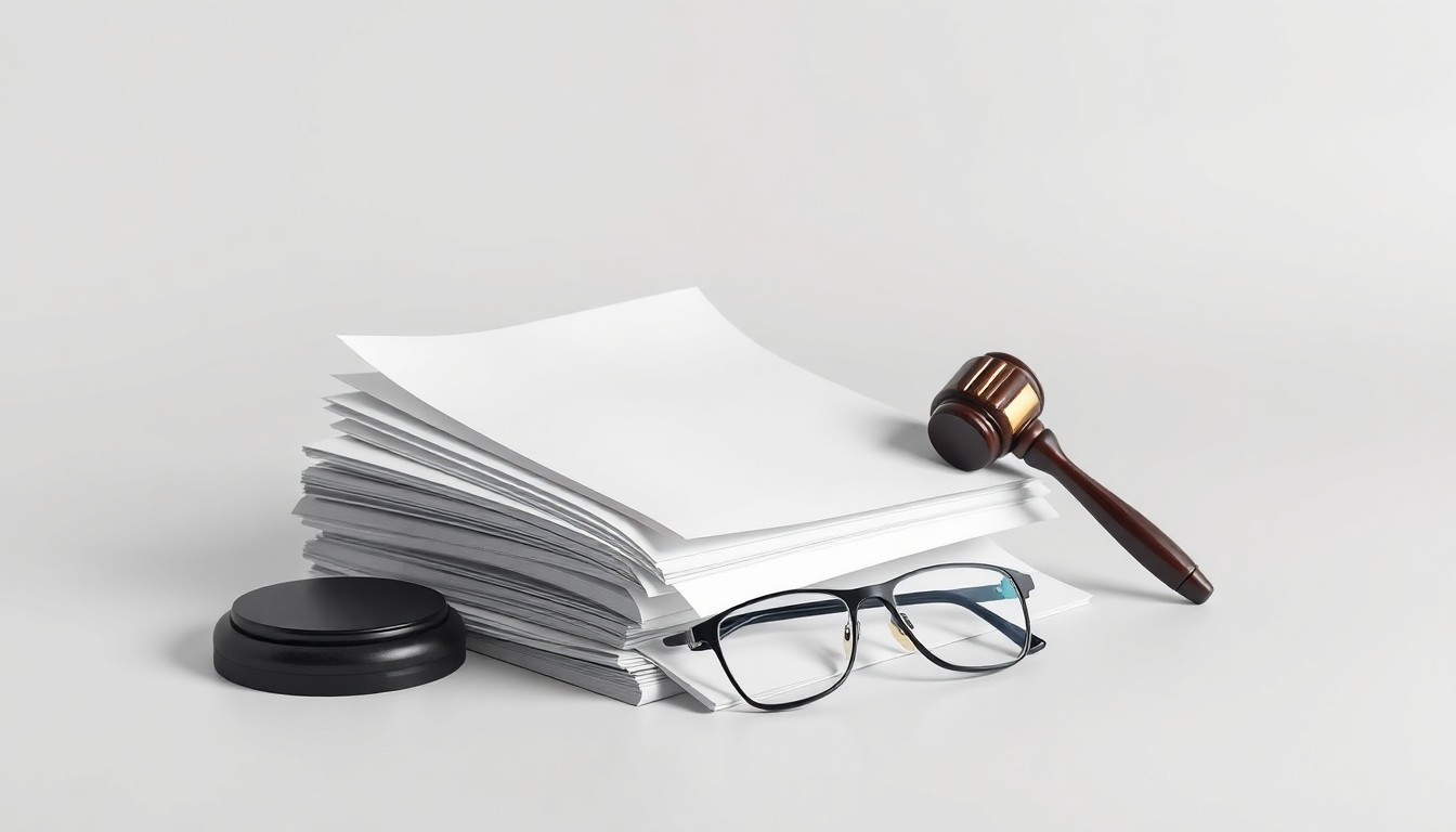 A high-end, photorealistic studio still-life featuring a stack of legal documents, a gavel, and a pair of reading glasses arranged elegantly on a clean, monochromatic background, symbolizing the abstract concepts of law, justice, and the legal system.