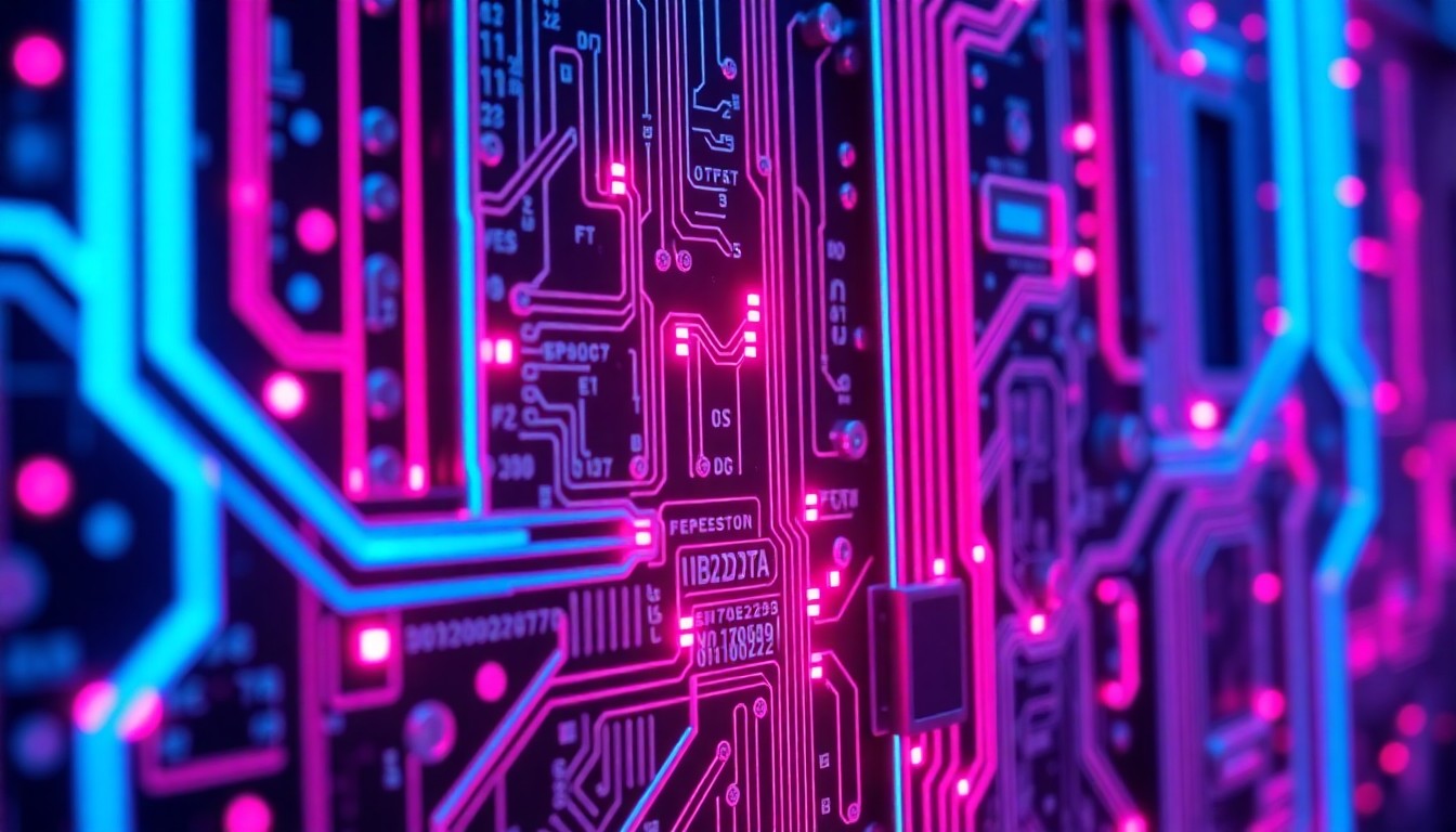 A highly detailed, glowing 3D macro illustration of a complex circuit board or data server infrastructure, with neon cyan and magenta lights illuminating the intricate hardware components, conceptually representing the powerful yet unseen digital forces shaping modern culture and communication.