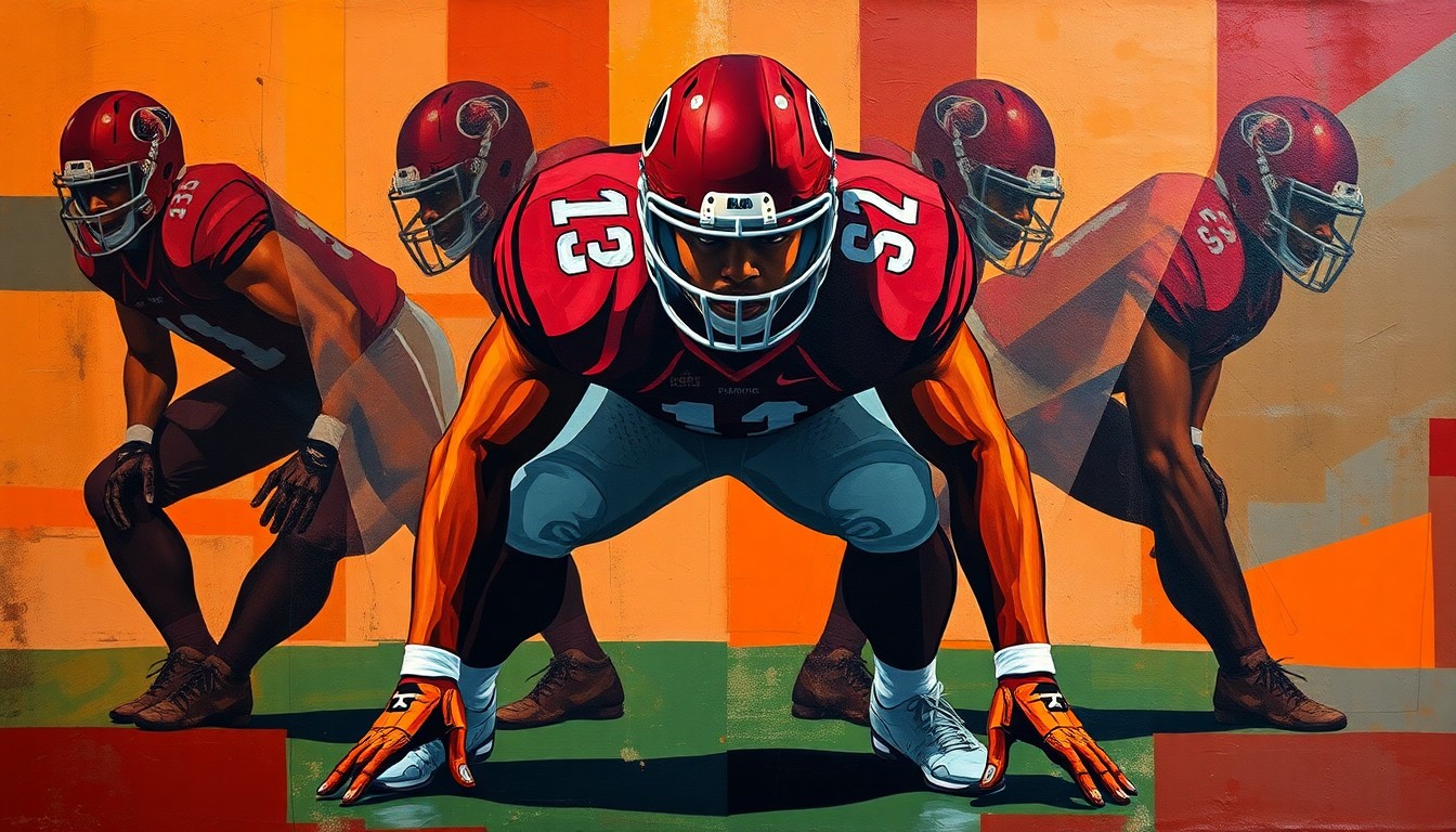 A fragmented, multi-angled painting depicting a football player's defensive line stance, broken down into sharp, overlapping geometric shapes in a palette of maroon, burnt orange, and navy blue, conceptually representing the strategic complexity and physical intensity of elite college football.
