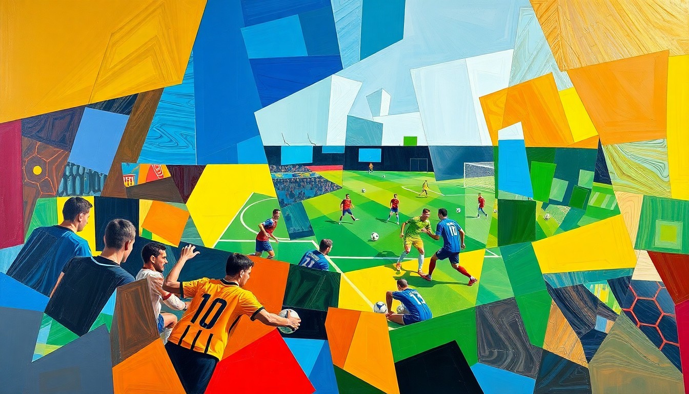 A fragmented, geometric painting depicting the abstract movements and energy of a soccer player, conveying the complexity of recovering from injury and rejoining the team.