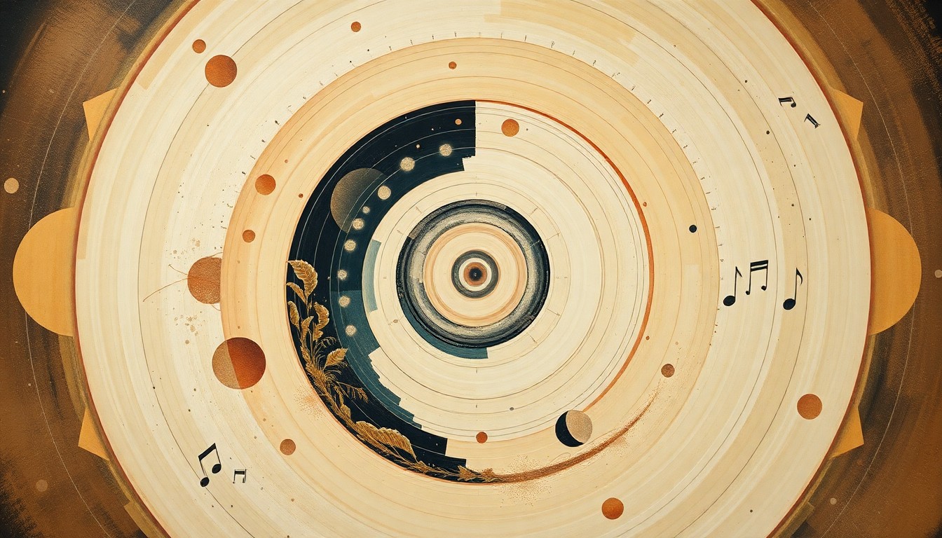 A highly structured abstract painting in soft, earthy tones featuring sweeping geometric arcs, concentric planetary circles, and precise botanical spirals, conceptually representing the connection between music and the cosmos.