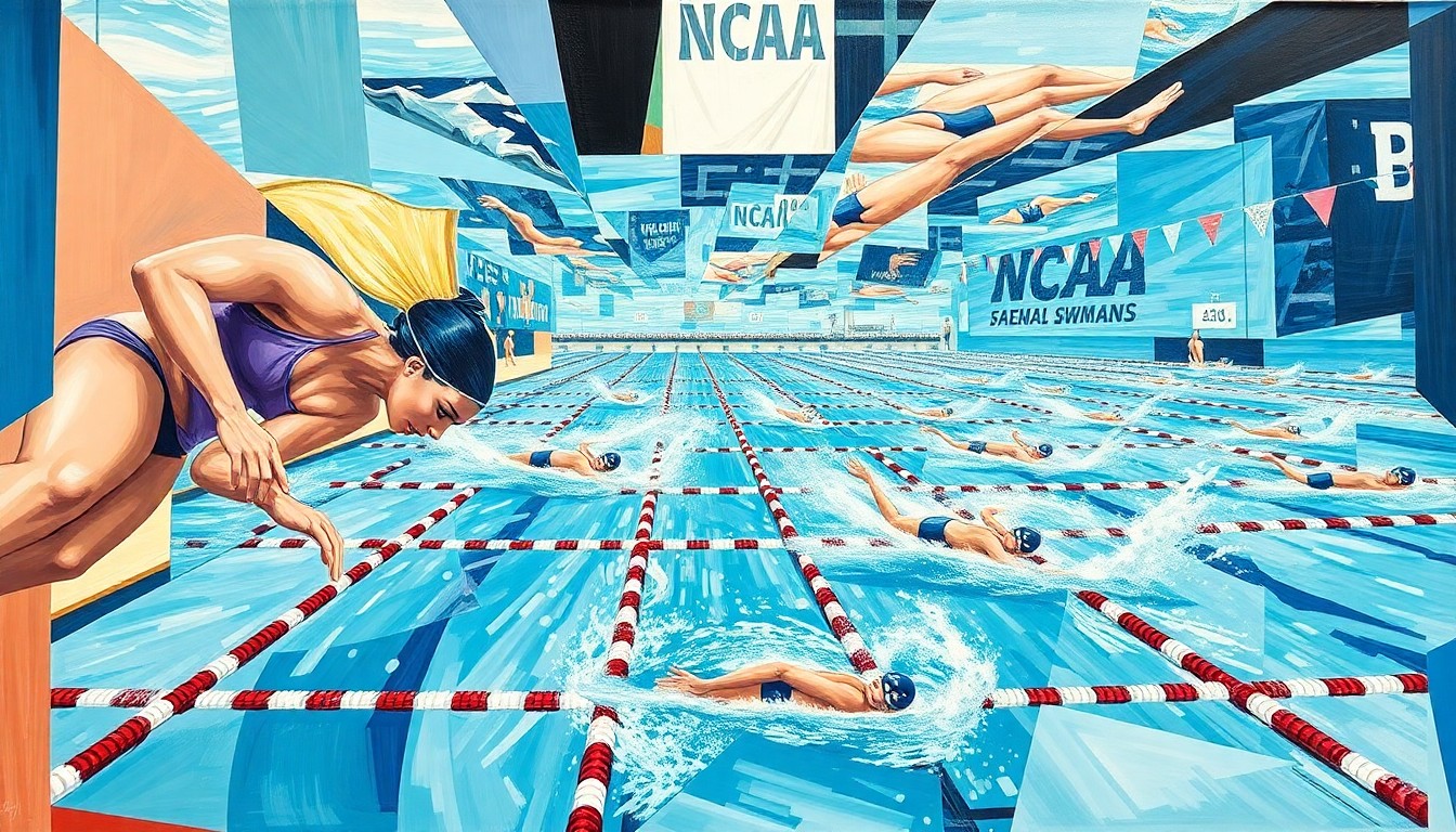 A cubist, geometric painting depicting the chaotic energy and overlapping perspectives of a women's NCAA swimming competition, with sharp planes of color and form representing the dynamic action on the pool deck.