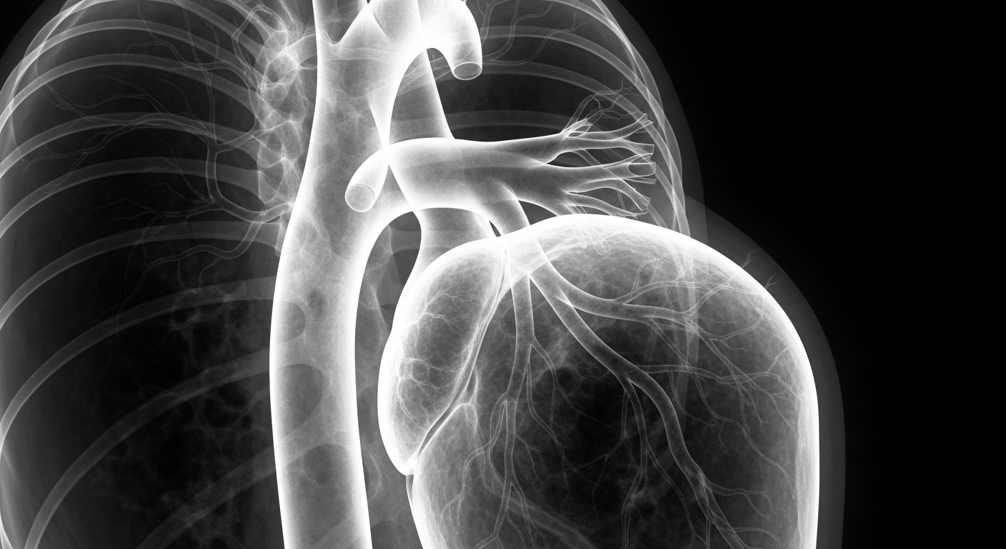A highly detailed, translucent X-ray photograph revealing the intricate structures of the human heart and blood vessels, conveying the complex medical considerations for dialysis patients with atrial fibrillation.