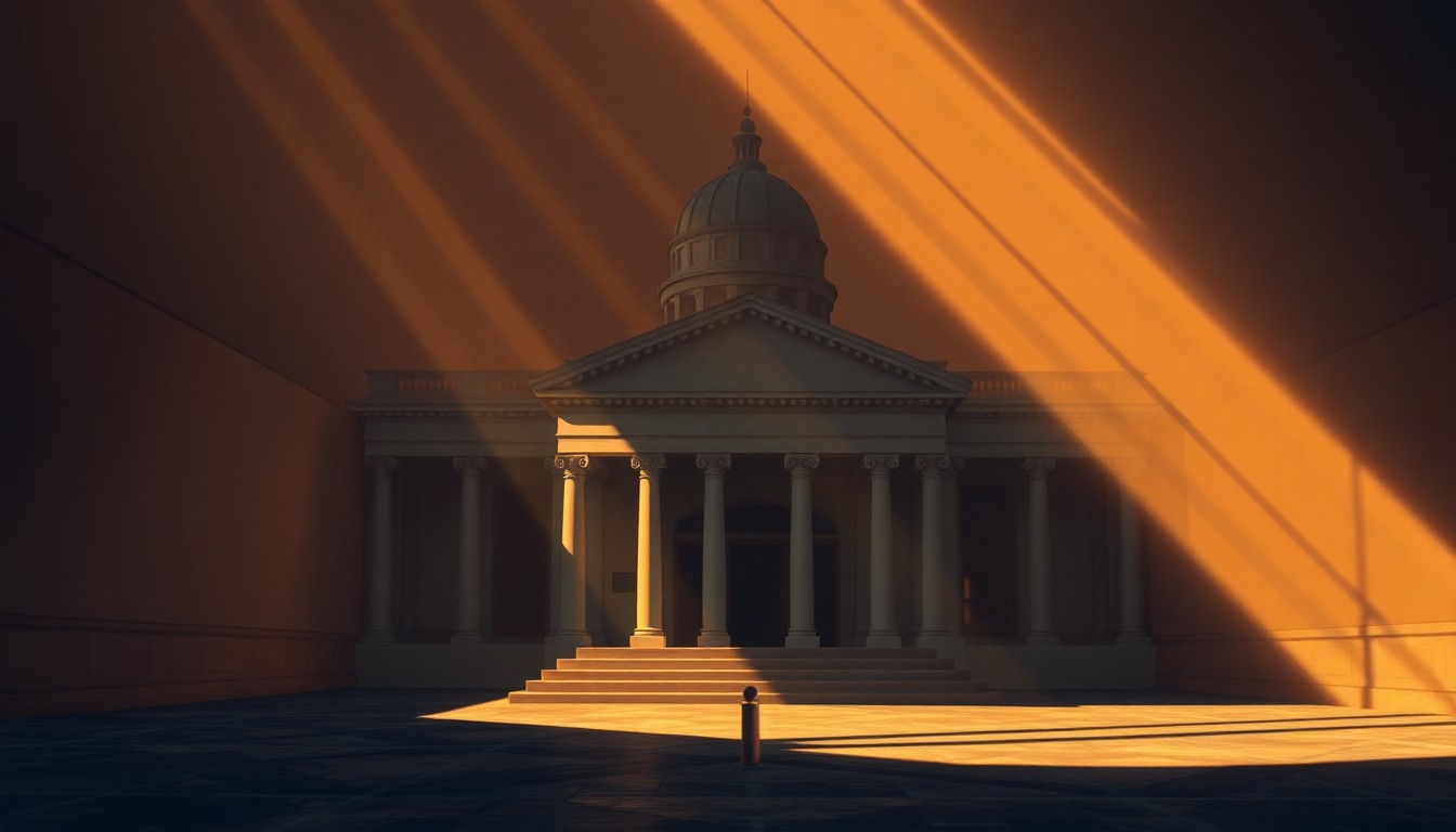 A dimly lit, cinematic painting of a government office building or political space, with warm sunlight streaming through the windows and deep shadows casting an air of solemnity over the scene.