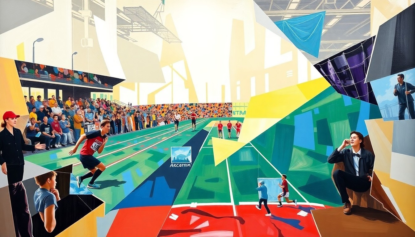 A vibrant, fragmented painting depicting overlapping geometric shapes and planes in a variety of bold colors, representing the dynamic movements and competition of a high school track and field meet.