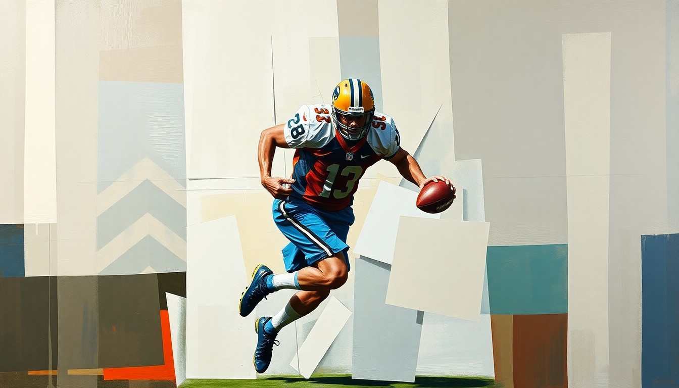 A cubist, geometric painting depicting a football player in motion, with their body broken down into sharp, overlapping planes of color, capturing the dynamic energy of the sport.