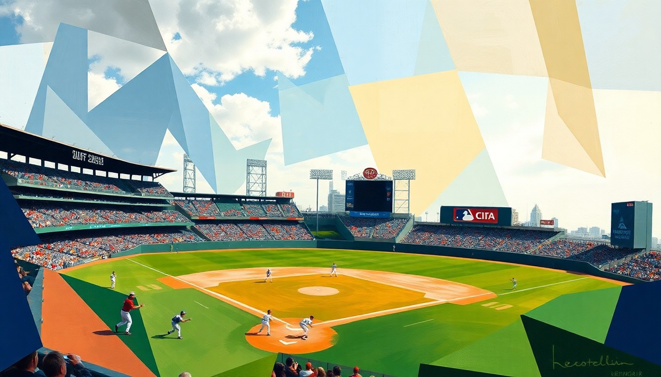 A cubist-style painting depicting a baseball game or match, with the players and field broken down into sharp, overlapping geometric shapes and planes of color, conveying the strategic considerations behind the Yankees' decision to option their top prospect.