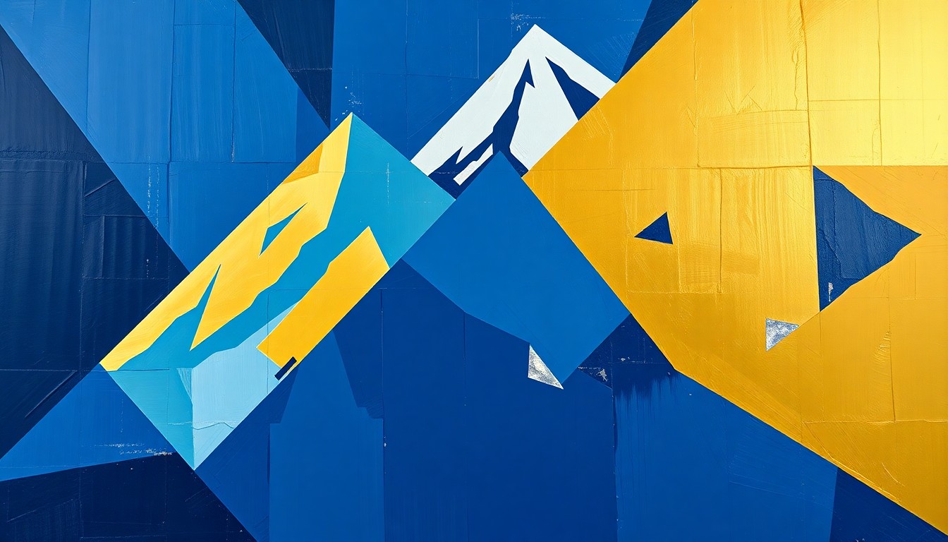 A cubist, geometric painting depicting a Denver Nuggets basketball game, with the players and court broken down into sharp, overlapping planes of navy blue, powder blue, and gold.