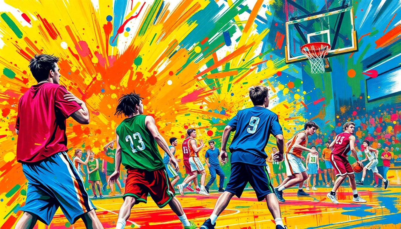 An abstract, expressionist painting in vibrant neon colors, capturing the dynamic energy and movement of a high school basketball game, with the players and coaches blending into the energetic brushstrokes.