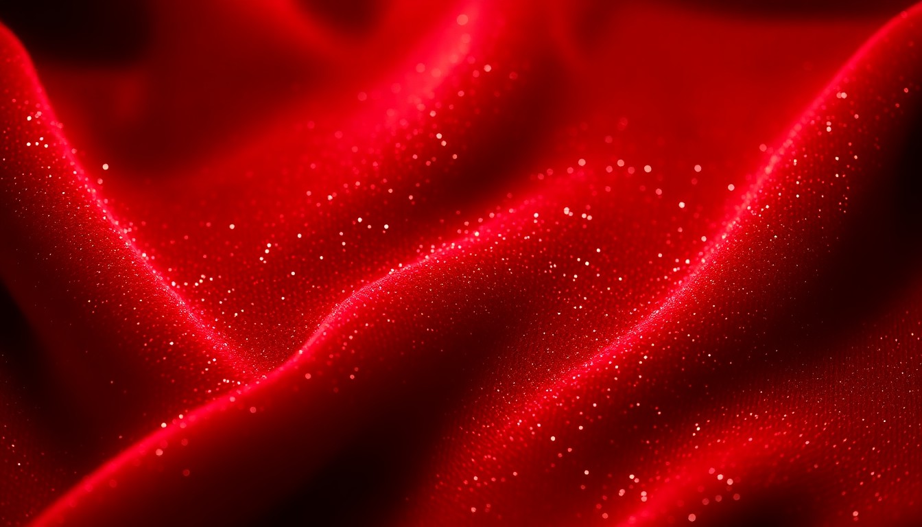 An extreme close-up photograph of a plush, shimmering red velvet fabric, capturing the glamour and prestige of Hollywood's golden age through dramatic lighting and abstract, high-contrast composition.