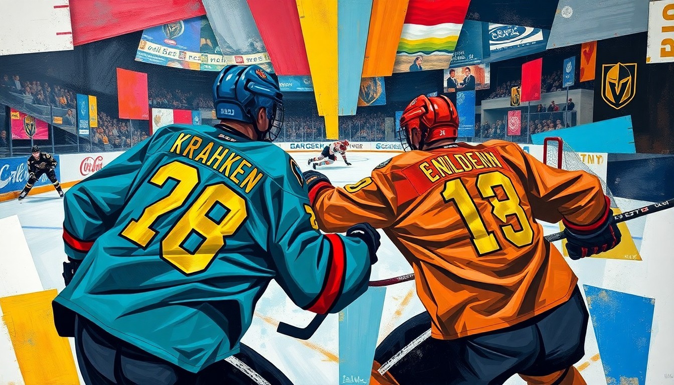 A cubist-style painting depicting a hockey game in sharp, overlapping geometric planes of deep blue, teal, red, gold, black, and gray, representing the dynamic action and competition between the Seattle Kraken and Vegas Golden Knights.