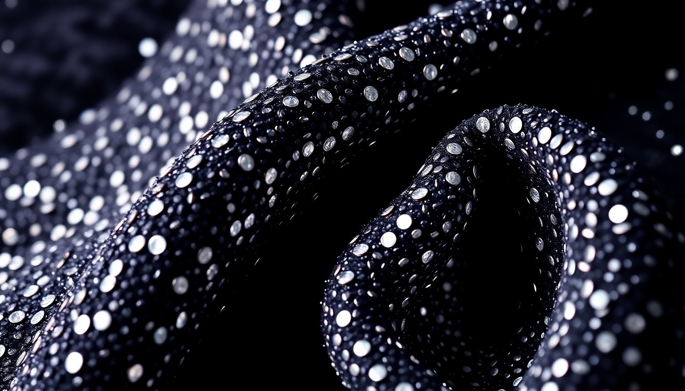 An extreme close-up photograph of shimmering, high-contrast textures like sequins or gemstones, capturing the opulent and indulgent nature of Kylie Jenner's lifestyle in an abstract, high-fashion style.