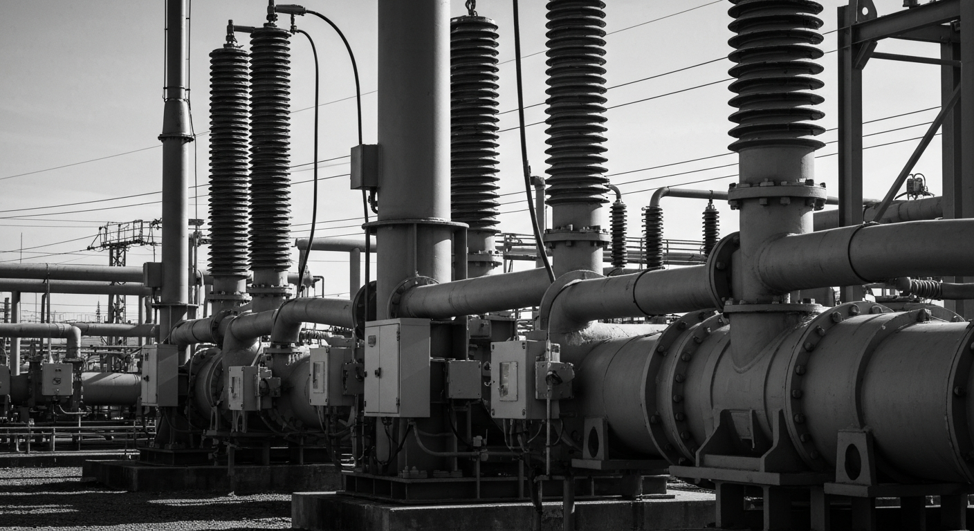 A high-contrast, black and white close-up photograph of large, industrial machinery and equipment used in energy production, conveying a sense of scale and the complex infrastructure behind modern utilities.