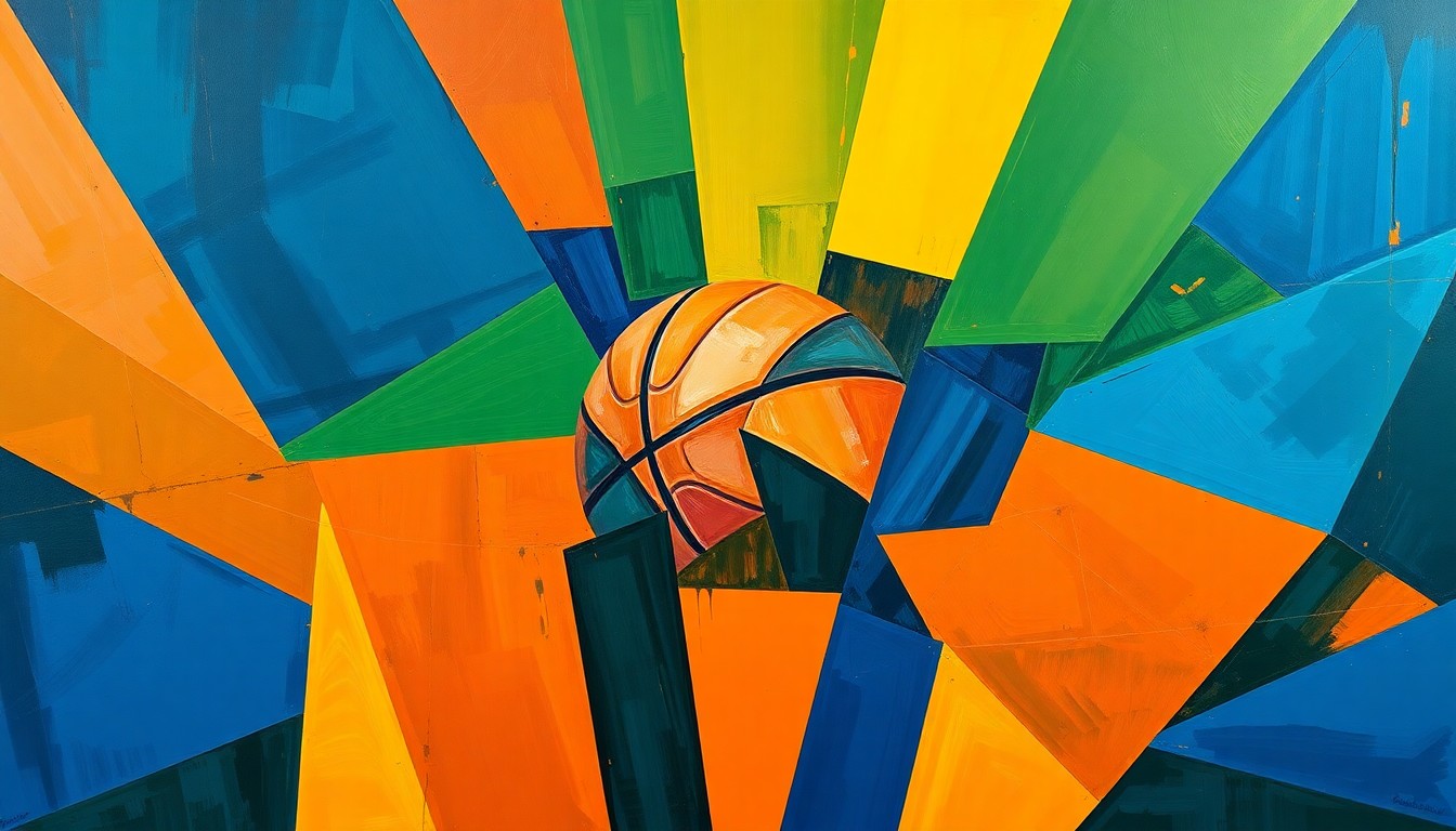 A cubist, geometric painting depicting a basketball game or match, with the players and court broken down into sharp, overlapping planes of color, capturing the dynamic energy and potential of the Utah-born players in the transfer portal.