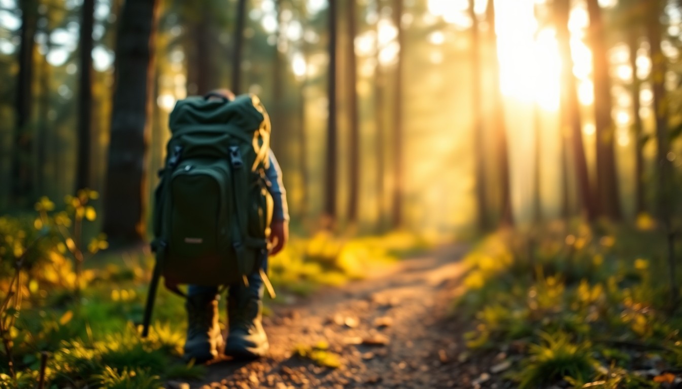 An out-of-focus photograph of a lone hiker's backpack and boots on a forest trail, with the surrounding trees and foliage blurred into a warm, dreamlike palette of greens, browns, and golden sunlight, conceptually representing the inherent risks and need for preparedness in outdoor adventures.