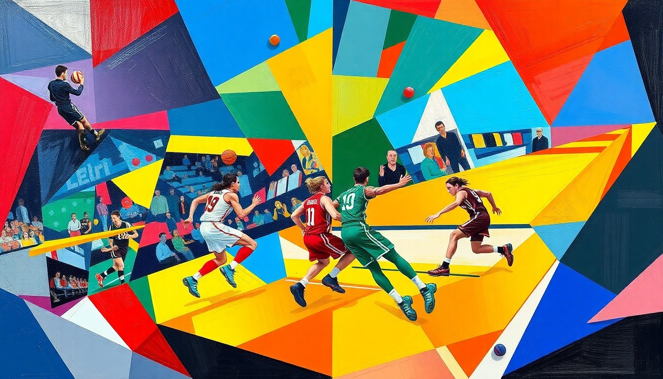 A cubist, geometric painting featuring overlapping planes of color representing the movements and competition of high school sports, without any identifiable people or logos.