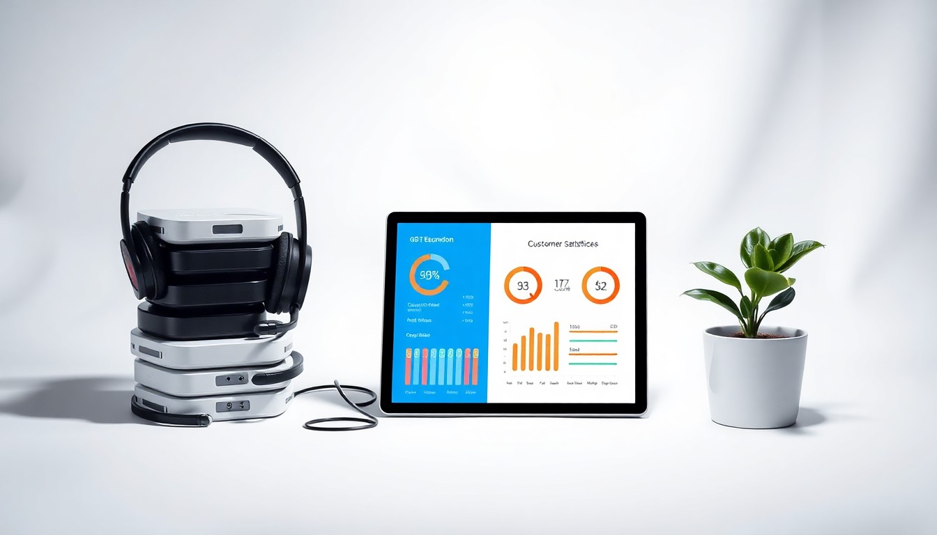 A high-end, photorealistic studio still-life photograph featuring a stack of neatly organized customer service headsets, a tablet displaying customer satisfaction metrics, and a small potted plant, all arranged elegantly on a clean, white seamless background, conceptually representing Escandon's focus on operational excellence, team development, and customer experience.