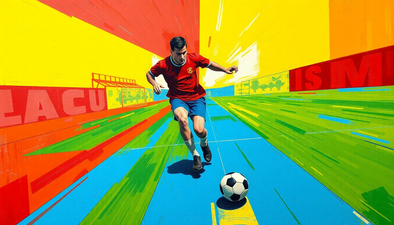 A cubist, geometric painting depicting a soccer player in mid-dribble, with sharp, overlapping planes of vibrant red, blue, and yellow colors.