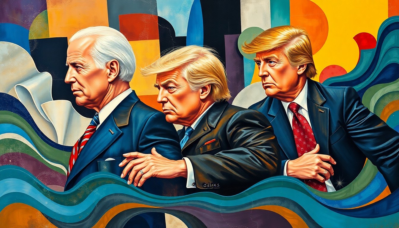 A dynamic, abstract painting with overlapping geometric shapes and waves of vibrant colors, representing the motion and energy of a potential cage match between the Biden and Trump family members.
