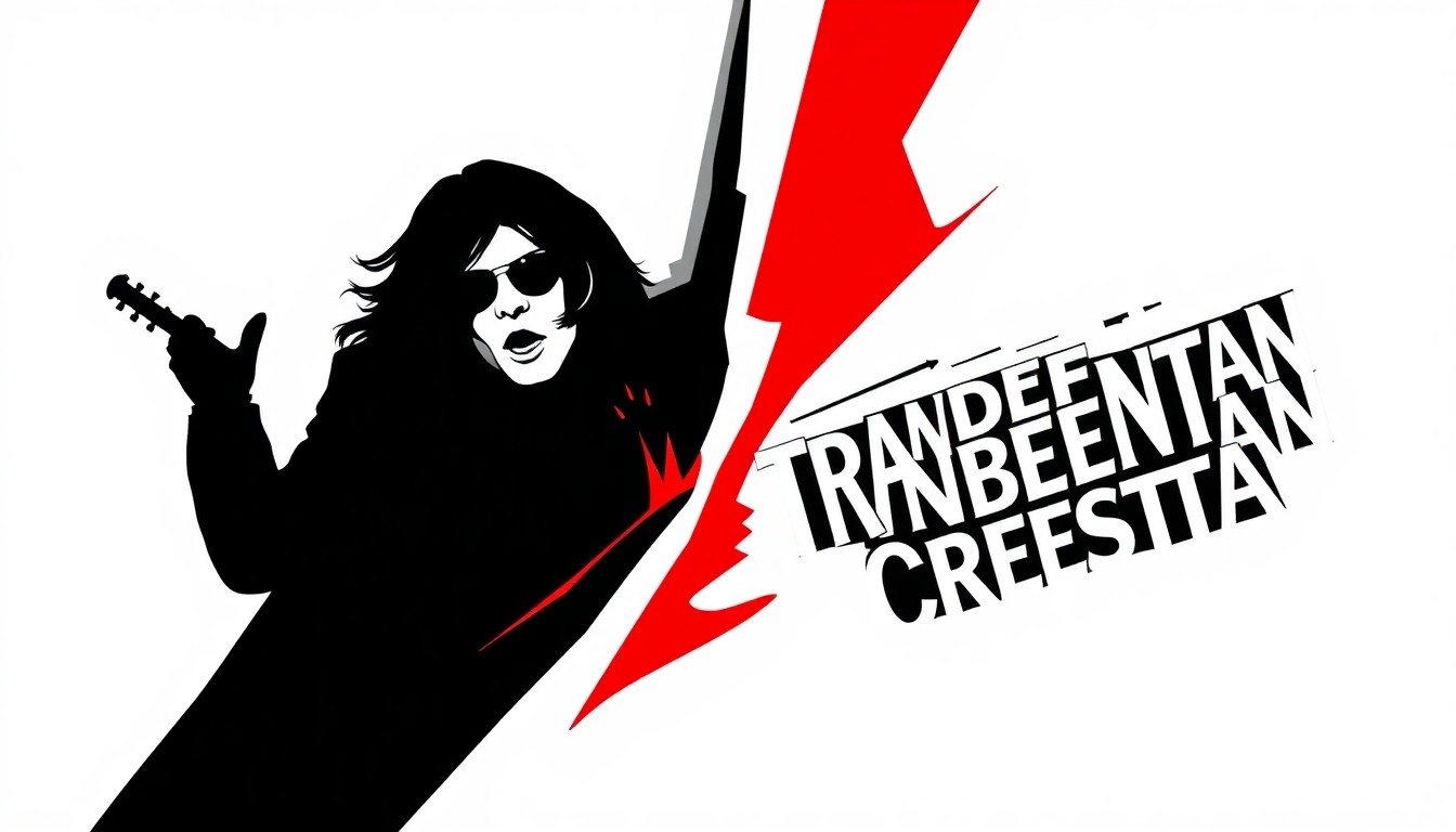 A striking abstract composition featuring bold, jagged geometric shapes in high-contrast red and black, conceptually representing the fusion of rock music and orchestral elements in Trans-Siberian Orchestra's tribute performance.