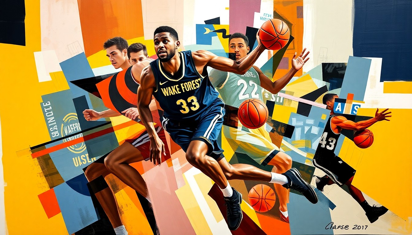 A cubist, geometric painting depicting a college basketball player in motion, with their movements and actions broken down into sharp, overlapping planes of color in the official team colors of Wake Forest.